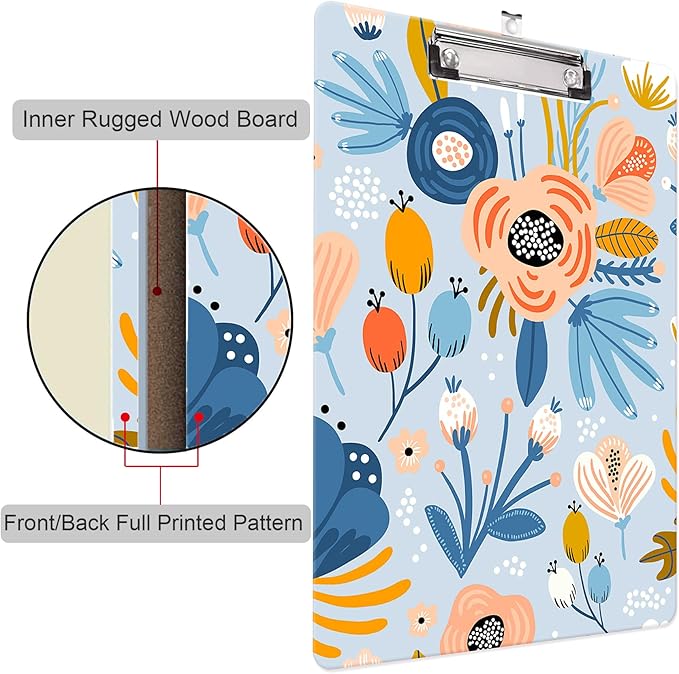 Fashion Clipboard, A4 Letter Size Wooden Decorative Clipboards for Teacher, Nurse, Doctor,Student and Kids, Cute Design for Standard Size 12.2" x 8.9" (C-Pretty Floral Blue)