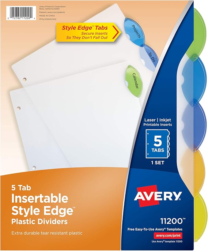 Avery Insertable Style Edge Plastic Dividers for 3 Ring Binders, 5-Tab Sets, Multicolor, 24 Sets, 120 Divider Tabs (11200)