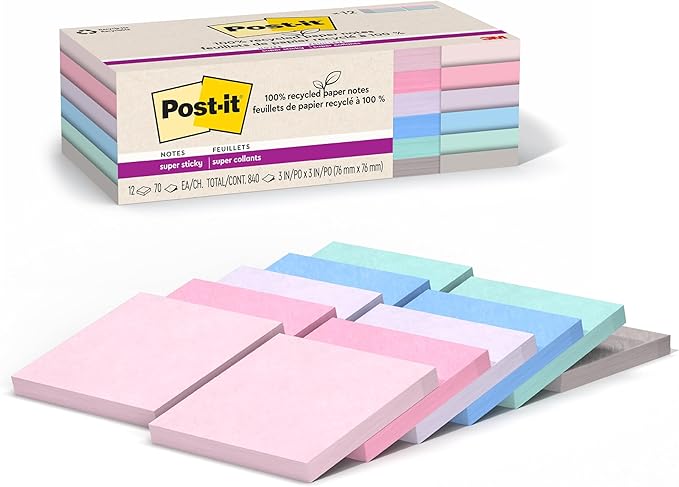 Post-it 100% Recycled Paper Super Sticky Notes, 3 in. x 3 in., 12 Pads, 70 Sheets per Pad, Wanderlust Pastels, New Year Organization or Second Semester School Supplies