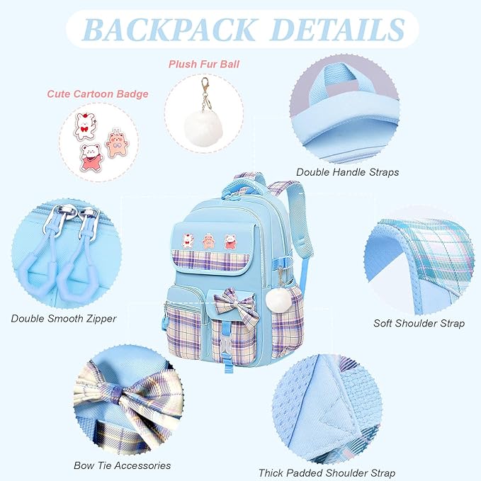 3PCS Girls Backpack Set for School - Cute Kids Bookbag with Lunch Box & Pencil Case, Stylish Backpack Combo for Girls Preschool Elementary Middle High School Students Teens Blue