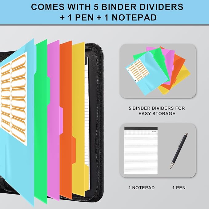 Eshow Portfolio Organizer - 3 Ring Binder with Zipper, Vegan Leather Business Padfolio Folder with Notepad Includes 5 Color Sheet Protectors for Documents Files for Men Women