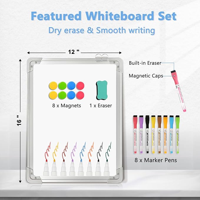 Whiteboard Calendar Dry Erase Calendar for Wall, 16" x 12" Small Magnetic Dry Erase Board Hanging Double-Sided, Calendar Whiteboard for Drawing, Kitchen, Planning, Memo, Home, Office