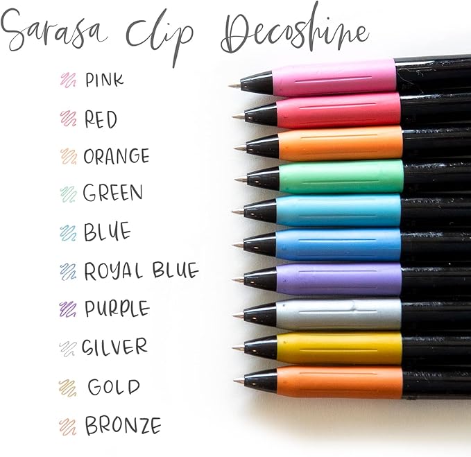 Zebra Pen Sarasa Clip Decoshine Retractable Gel Pen, 0.5mm Fine Point, Assorted Metallic Colors, Works Well on Dark Paper, Ideal for Journal, Note Taking and Planner Use, 9-Pack (49009)
