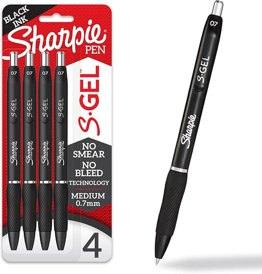 Sharpie S-Gel Pens, Medium Point (0.7mm), Black Ink, 4 Count - Ideal for Writing, Journaling, Drawing, Coloring, Note-Taking, College Supplies