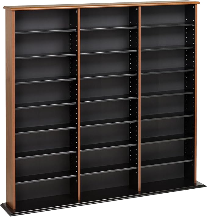 Prepac 3 Column Tall Storage Cabinet, Cherry & Black Storage Cabinet with 21 Adjustable Shelves Display DVD Perfect for Living Room, 8.75" D x 56" W x 51" H