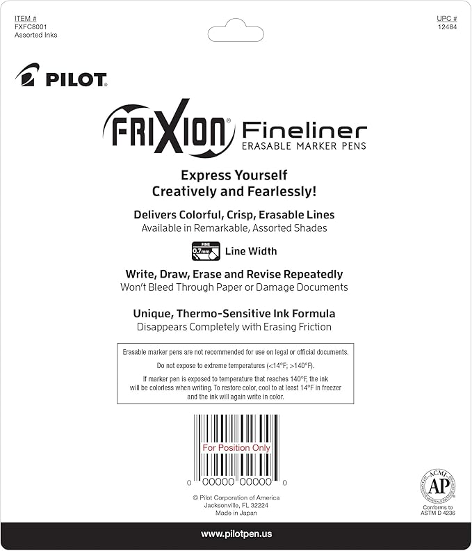 Pilot FriXion Fineliner Erasable Marker Pens, Fine Point 0.7 mm, Pack of 8, Vivid Colors, Erasable Pens - Ideal for School, Journaling, & Office Writing