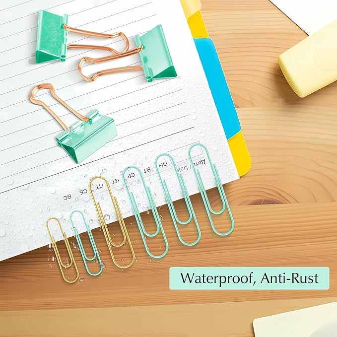 Cute Paper Clips Binder Clips Combo Set, 165 Psc, Assorted Size Paper Clips for Office, Cute Office Supplies Set, Green
