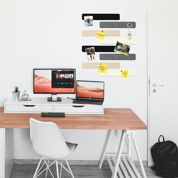8Pcs Rectangle Felt Cork Board Bar Strips with 35 Pushpins, Self-Adhesive Bulletin Board Strips for Office School Home Wall Decor Stickers Memos Schedules Photos Display -Gradual Grey& Camel