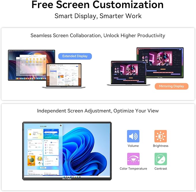 Blackview Laptop Screen Extender, 360° Rotating Detachable Stand/VESA Support, FHD 1200P IPS Portable Monitor, Plug & Play with HDMI/USB-A/Type-C, Compatible Win/Mac/Android