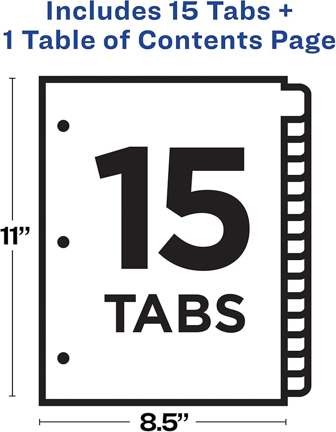 Avery Dividers for 3 Ring Binders, 15 Tabs per Set, Customizable Table of Contents, Classic White Tabs, Great for Organizing Reports, Projects, and More (11142)