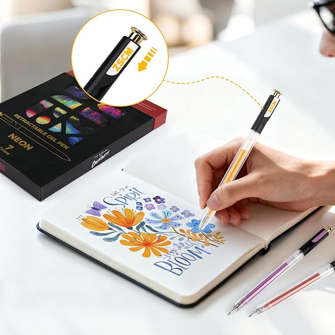 Retractable Neon Gel Pens, 7 Colors Large Capacity Ultra Fluorescent Gel Ink Pens for Adult Coloring, 1.0 mm Fine Point Smooth Writing Color Pen for Highlighting Note Taking Aesthetic Art Supplies