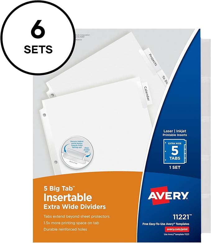 Avery Extra-Wide Big Tab Insertable Dividers for 3 Ring Binders, 5 Tab Sets, White Paper, Clear Tabs, Works With Sheet Protectors, 6 Sets (41121)