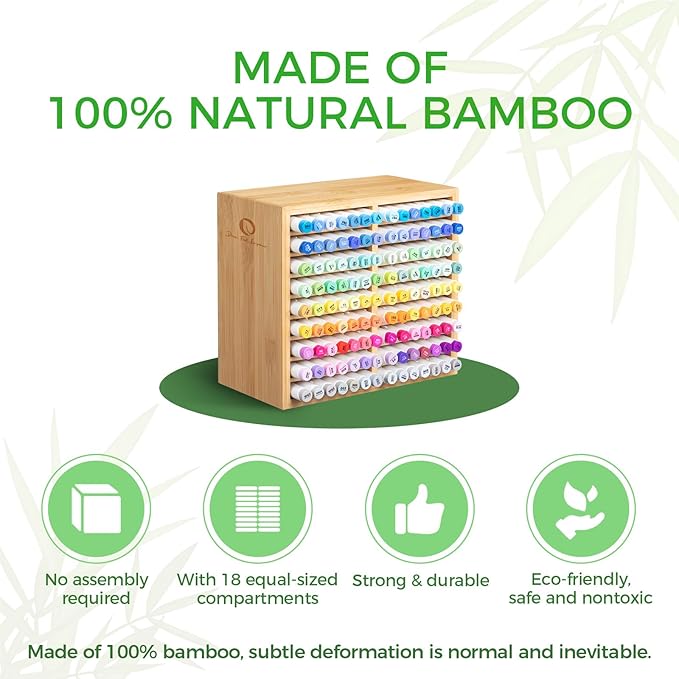 Ohuhu Bamboo Marker Organizer, Wooden Desktop Storage Hold 126 Markers, Pens, Pencils, Art Brushes Stationary Organizer Pencil Holder with 18 Compartments for Home, Classroom, Office Decor