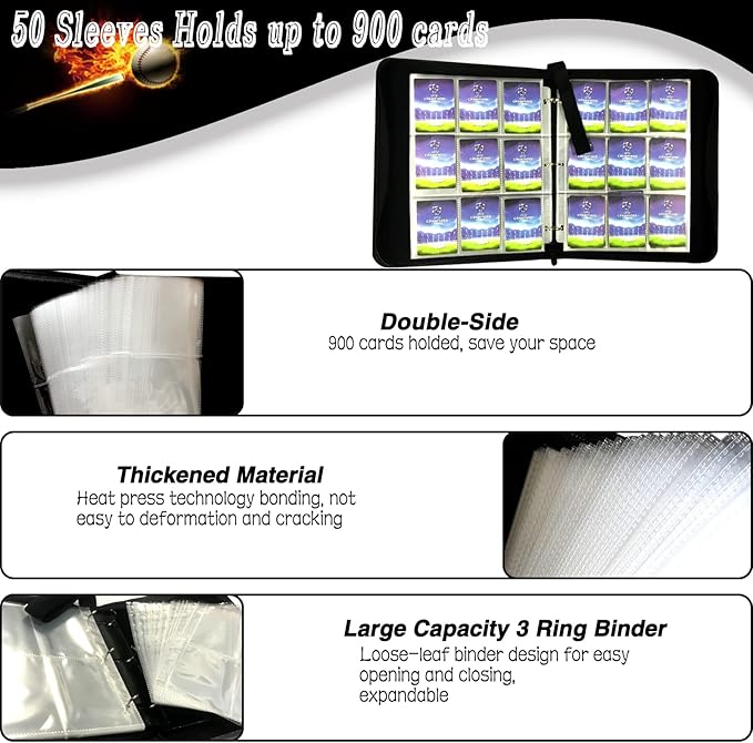 Sports Card Binder 900 Pockets, Trading Card Binder 9 Pocket with 50 Sleeves Fits 900 Sport Cards, Sports Card Holder with Zipper, Football Baseball Basketball Hockey Card Collection Storage Album