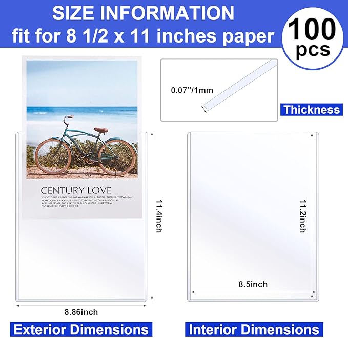 Teling 100 Pcs 8 1/2" x 11" Rigid Print Protectors Clear Rigid Sleeve Plastic Paper Page Protectors Clear Sheet Cover Photo Plastic Sleeve Hard Document Holder Birth Certificate Cover