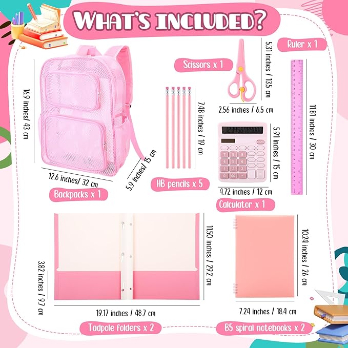 13 Piece Operation Christmas Bulk Item, 17" Mesh Backpack Semi Transparent Heavy Duty, Notebook for Holiday Donation(Pink)