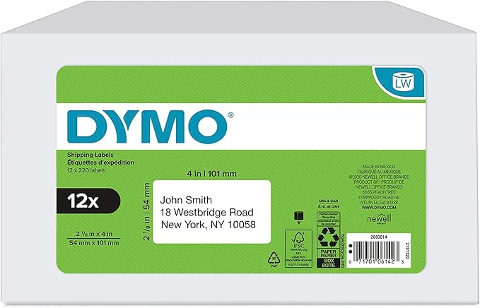 DYMO Authentic LabelWriter Standard Shipping Labels for LabelWriter Label Printers, White, 2-1/8'' x 4'' (30323), 12 Rolls of 220