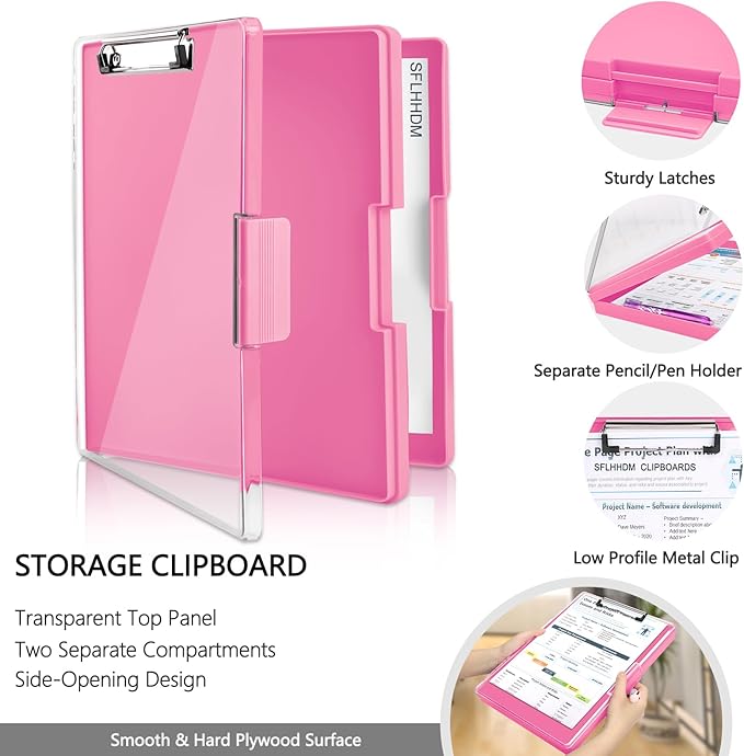 SFLHHDM Clipboard with Storage,Heavy Duty Clip Boards 8.5x11 with 2 Storage Case,Clear Visible Panel Storage Clipboards,Side Opening Nursing Clipboard Folder for Office Supplies-Pink