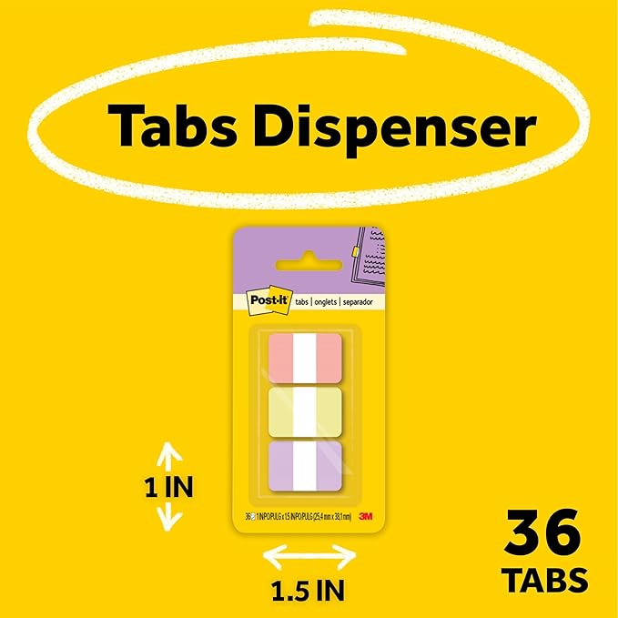 Post-it Sticky Tabs, 1 in. x 1.5 in., 3 Pads of Book Tabs in Assorted Warm Pastel Colors for Bookmarking, Annotating, Reading, and Reminders, Orange, Yellow, and Purple Colors (36 Total Count)