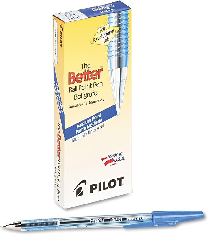 PILOT The Better Ball Point Pen Refillable Ballpoint Stick Pens, Medium Point, Blue Ink, 12-Pack (36711)