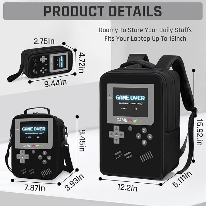School Backpack for Boys,3pcs Gamer Boys Backpack with Lunch Box Set for Kids Children Teens Elementary Middle School,17" Large Capacity Student Bookbag & Multifunctional Video Game Travel Bag