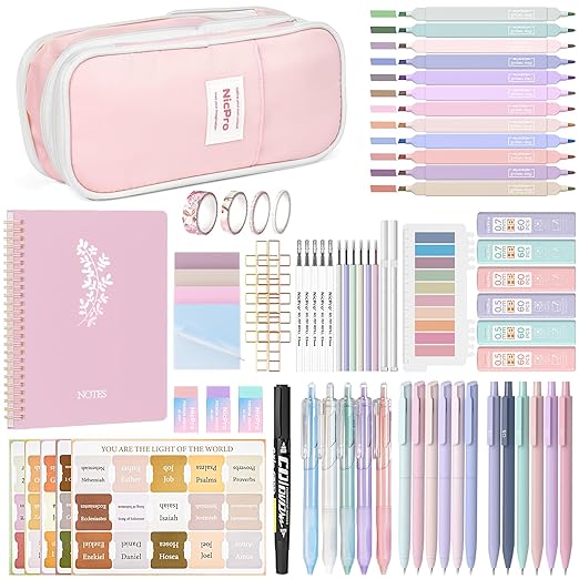 Nicpro Bible Journaling Kit, 76PCS Bible Study Supplies with Pen Case, Notes & Tabs, No Bleed Highlighter Pens, Bible Journal Accessories, Cute Spiral Notebook Stationary Set for Women Christian Gifts