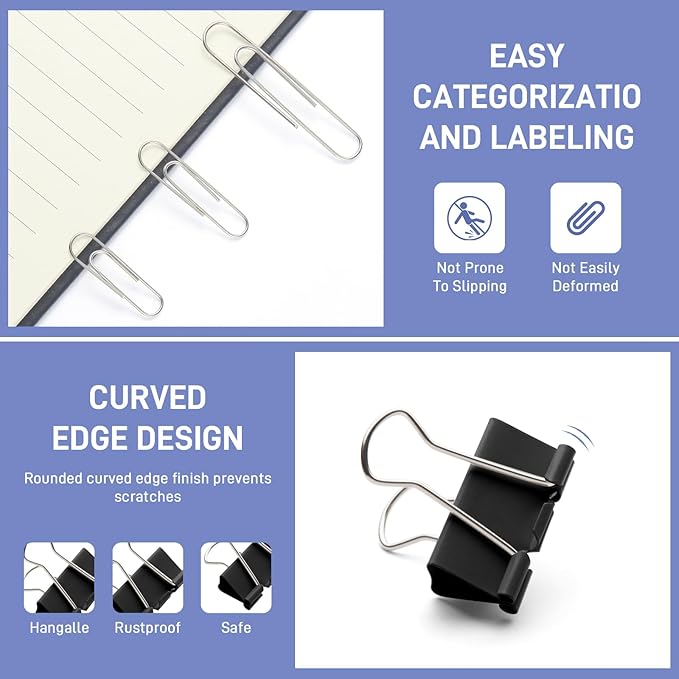 360PCS Black Assorted Size Paper Clips and Binder Clips, Paperclips Large Medium Small, Binder Clip and Paper Clip Set for Home, School, and Office Supplies in a Container with Compartments