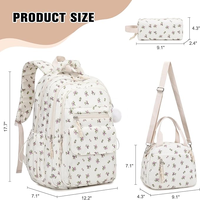Bevalsa Backpack for Gilrs, 3PCS Corduroy Kids Backpack Set with Lunch Box & Pencil Pouch, Bookbag Daypack Laptop Bag for Women Teens Elementary Middle High School