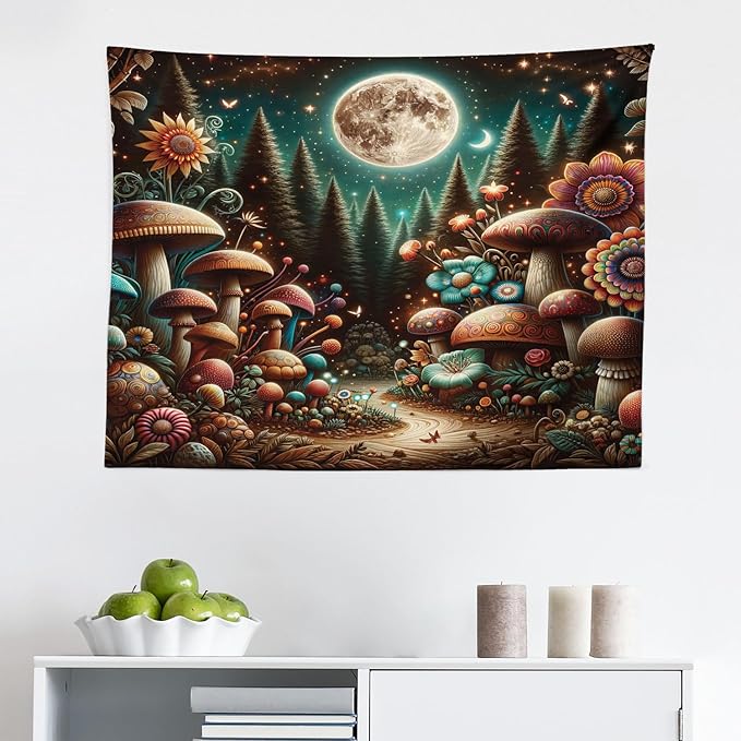 Ambesonne Aesthetic Tapestry, Colorful Psychedelic and Traditional Detailed Mushrooms Night Forest, Fabric Wall Hanging Decor for Bedroom Living Room Dorm, 28" X 23", Dark Teal Purple Orange