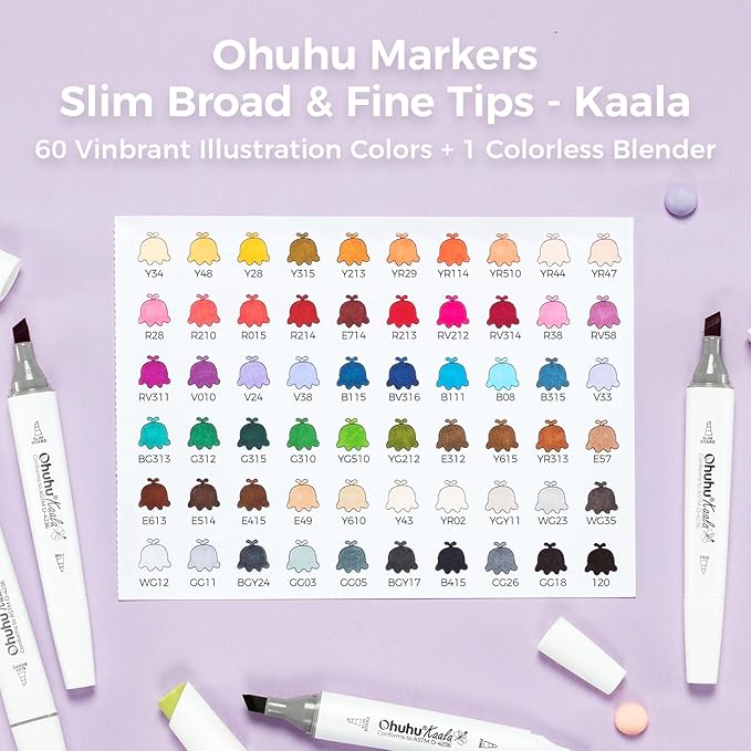Ohuhu Alcohol Markers: 60 Colors Slim Broad and Fine Double Tipped Kaala Marker for Artists Adults Coloring Drawing Cartoon Anime Comic - Professional Art Pens with Ink Refillable Giftable Pen Set