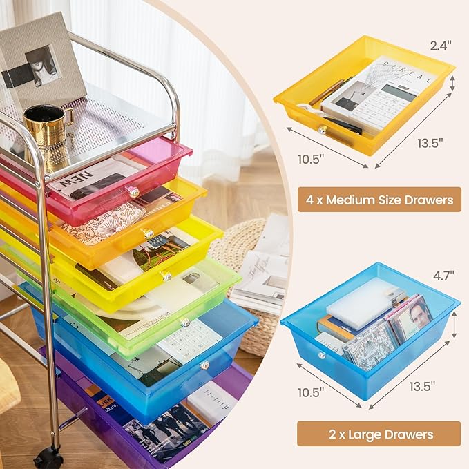 COSTWAY 6-Drawer Rolling Storage Cart, Multifunctional Art Craft Tools Organizer on Wheels, Heavy Duty Utility Mobile Storage Trolley w/ 2 Lockable Wheels for Home Office School (Rainbow)