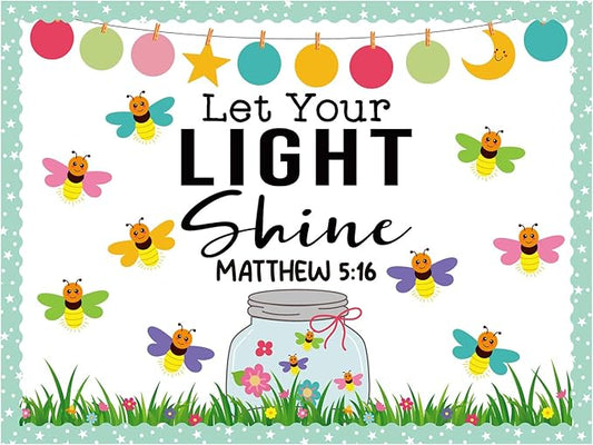 Kosiz 96 Pcs Let Your Light Shine Church Bulletin Board Religious Christian Classroom Bulletin Board Wall Decor Firefly Jar Cutouts for Sunday School Classroom Supplies Wall Decor