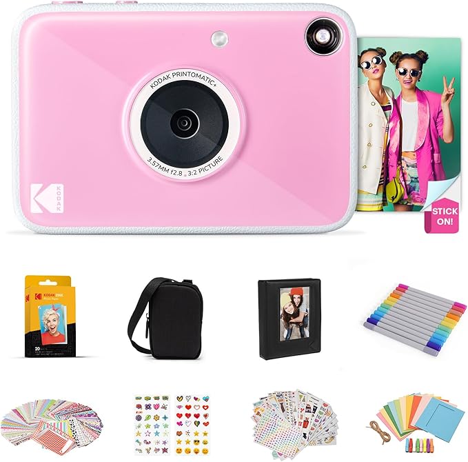 Kodak Printomatic+ Full Color Instant Print Digital Camera Gift Bundle + Case + Zink 2x3 Sticky Back Photo Paper 20pk + Album + Sticker Sets + Sticker Frames + Hanging Frames + Markers - Pink