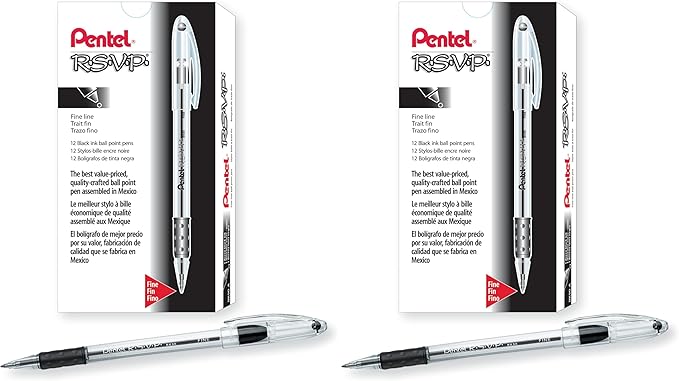 Pentel RSVP Ballpoint Pen, Fine Line, (0.7mm), Black Ink (BK90-A),12 Count (Pack of 2)
