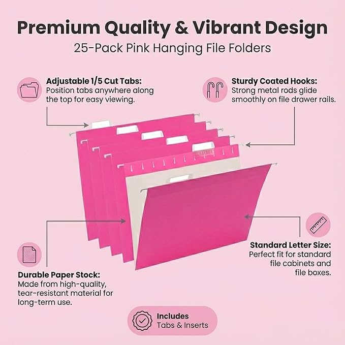 Pink Hanging File Folders,25 Packs Letter Size File Folder,Designed for Bulky Files,Filing Cabinet,1/5 Adjustable Tabs for Office,School,Home