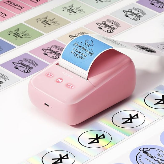 MUNBYN 5-in-1 Label Maker Machine – Bluetooth Thermal Label Printer for Stickers & Barcodes, App-Connected, Multiple Templates, No Subscription, Portable for Small Business, Home&Crafts, Pink