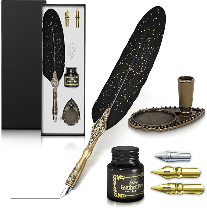 Vintage Feather Quill Pen and Ink Set – Black Feather Pen and Ink Set with Stainless Steel Nib & Stand for Calligraphy Beginners, Authors & Writers – Unique Gift & Vintage Decor for Home & Office