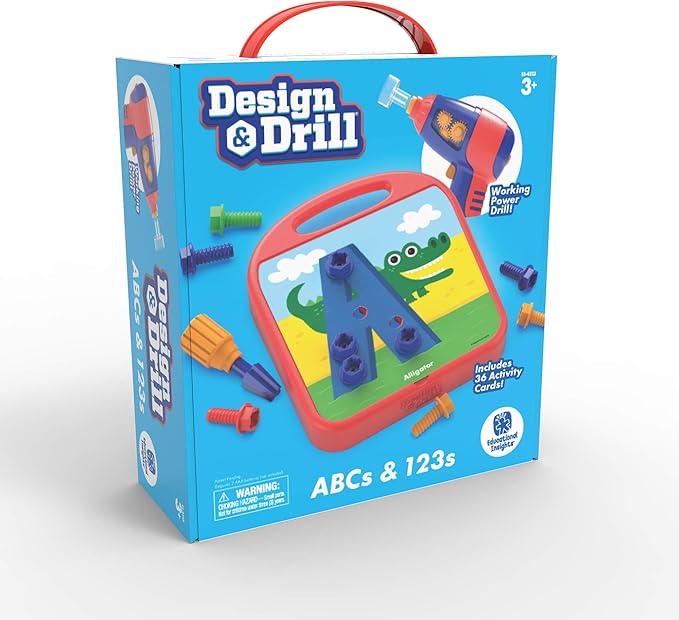 Educational Insights Design & Drill ABCs & 123s - Construction Toys & Toddler Tools, Kids Tool Set with Real Electric Drill Toy, Preschool Learning Activities, Building Kits and Gifts for Ages 3+