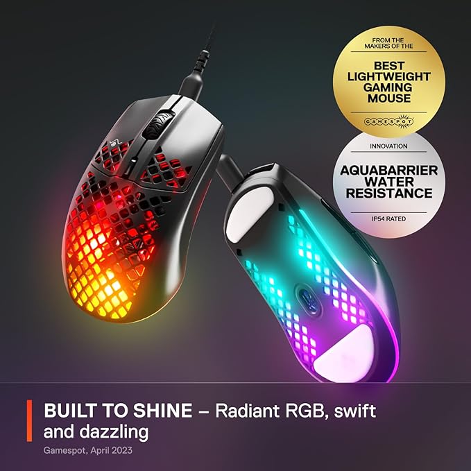 SteelSeries Aerox 3 - Holey RGB Gaming Mouse - Ultra-lightweight Water Resistant Design - 8,500 DPI TrueMove Core Optical Sensor - Onyx