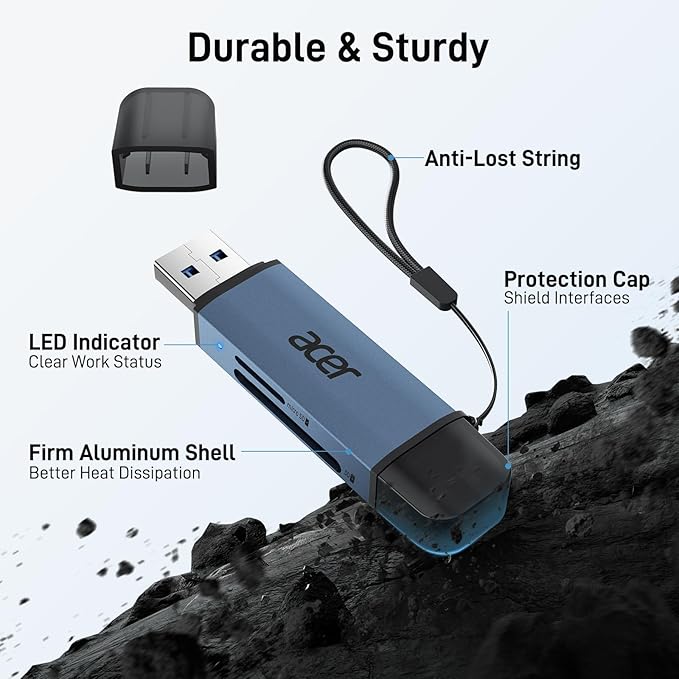 Acer SD Card Reader USB C, Dual Slots USB 3.0 Type C to Micro SD Card Adapter, Memory Card Reader for MicroSD, SDHC, SDXC, Compatible with Laptop, PC, iPhone16/15, MacBook, iPad Pro, Android-Midnight