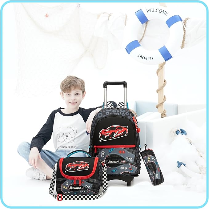 Boys Rolling Backpack for Kids 8-12 Trolley School Bag with Wheels Travel Backpack for Kids with Lunch Bag Set Back to School Supplies