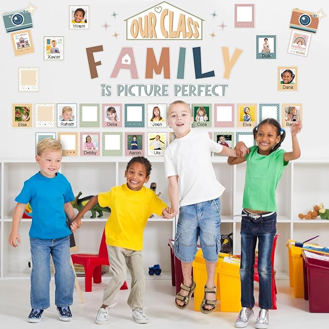 52 Pcs Boho Bulletin Board Decor for Classroom, Our Class is a Family Picture Frame Bulletin Board Set for Teachers Chalkboard School Home Door Decor