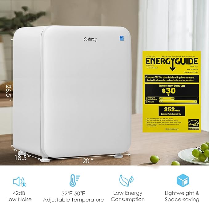 COSTWAY Compact Refrigerator, 2.4 cu ft. Single Door Small Fridge with Auto Defrost, Adjustable Temperature 32℉ to 50℉, Reversible Door, Removable Glass Shelves, Mini Fridge for Apartment, White