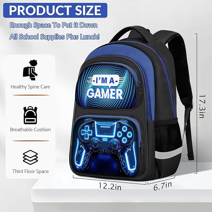 School Backpack for Boys - Gamer Boys Backpack for Kids Children Teens Elementary Middle School - 17″ Video Game Bookbag Travel Back Pack for Age 6-18