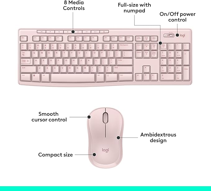 Logitech MK270 Wireless Keyboard and Mouse Combo for Windows, 2.4 GHz, 8 Multimedia Keys, PC, Laptop, Wireless Keyboard Compact Mouse Combo - Rose (Renewed)