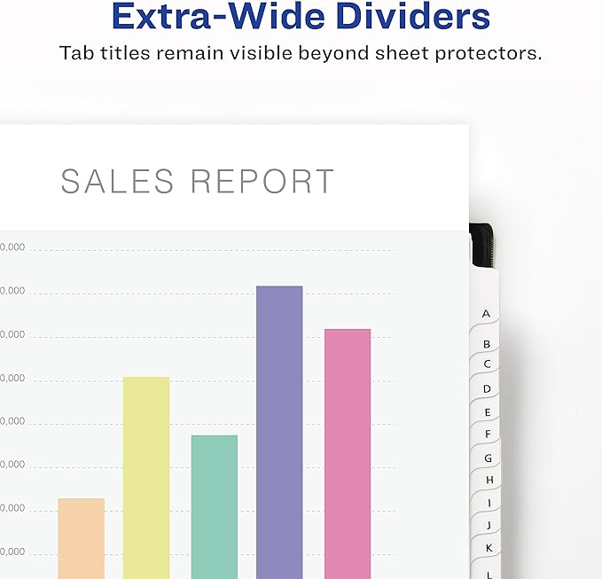 Avery Extra-Wide Dividers for 3 Ring Binders, 26 Tabs per Set, Customizable Table of Contents, Multicolor Tabs, Works Great with Sheet Protectors (11166)