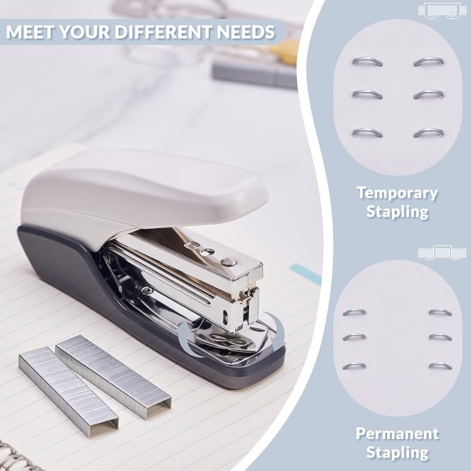 NEEWAY Effortless Stapler 25 Sheets Capacity, Jam Free, 4 in 1 Office Supplies Set with Staple Remover, 100pcs Paper Clips and 1000 Staples for Desk, Home (White)