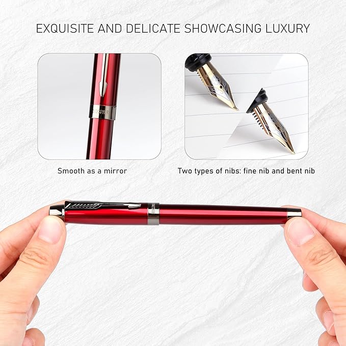 Fountain Pen with Fine Nib & Black Ink, Refillable & Elegant Bent Nib Design, Calligraphy Pens for Writing, Best Fountain Pen for Smooth & Fancy Writing (Red)