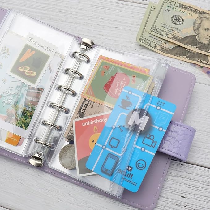 12PCS A7 Clear Zipper Binder Pockets - 6 Holes Pouches Bag for Loose-Leaf Journal Budget Filing