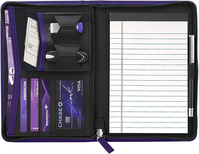 Small Portfolio Organizer, A5 Zippered Business Portfolio, Junior Padfolio Folder Binder for Women & Men, 5 x 8 Writing Pad Included, Dark Purple
